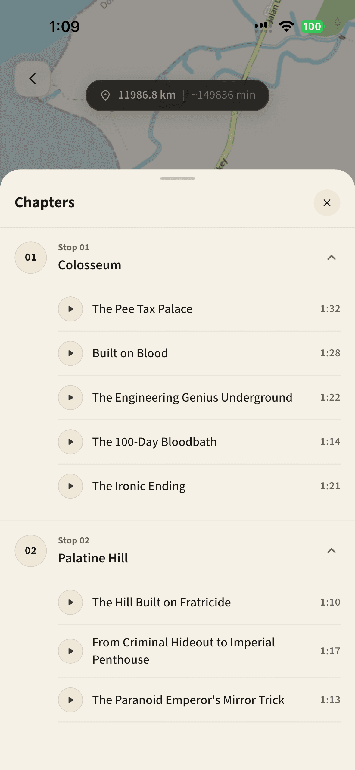 rrawi app — chapters and stops view